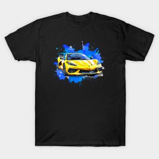 Accelerate Yellow C8 Corvette Racecar Splatter Art T-Shirt